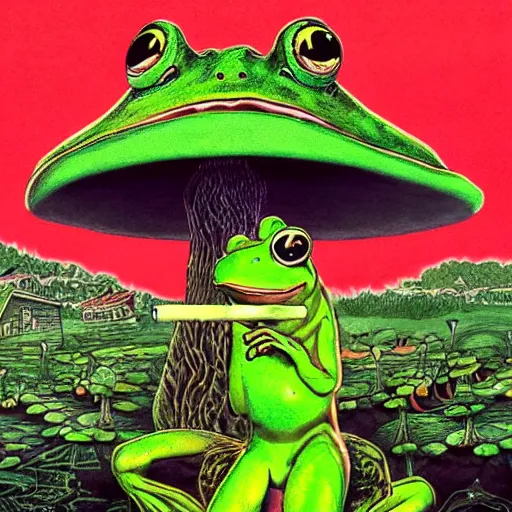 Image similar to a centered chest up portrait of a psychedelic demonic anthropomorphic frog smoking a hand - rolled cigarette smoking heavily, magic mushroom village in background. award winning. superb resolution. in the art style of junji ito and greg rutkowski. detailed mushroom city in background. hyper realistic anime. perfect art. dalle 2