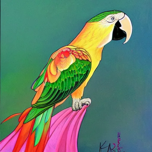 Image similar to a beautiful painting of a parrot by audrey kawaski, art nouveau, japanese manga, artstation, 8K, very detailed