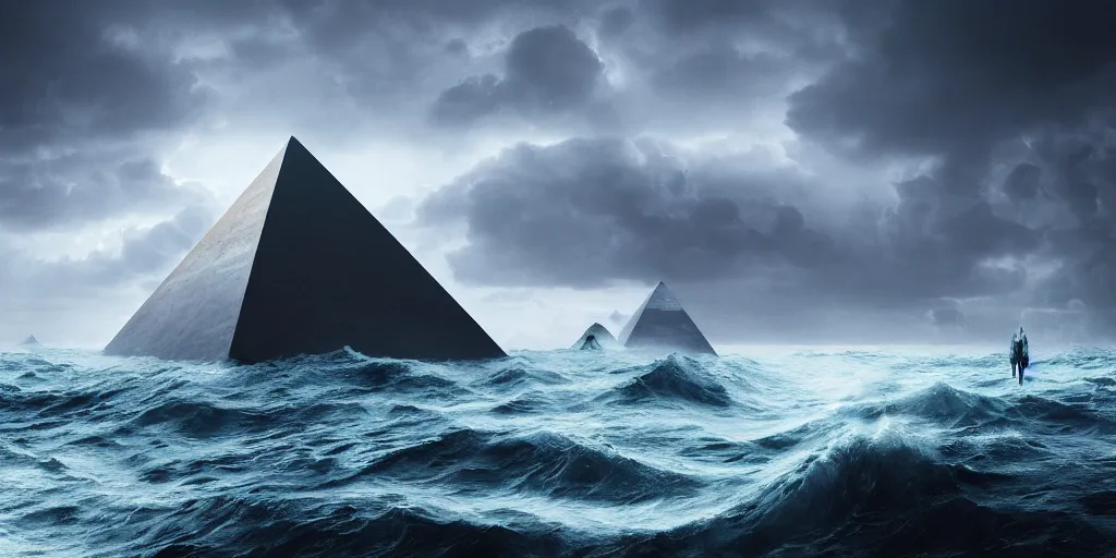 Prompt: titanium white pyramid in the middle of a stormy ocean, crashing waves, alien creatures scattered around, art direction by beeple, enigmatic scene, rembrandt lighting, unreal engine, ray - tracing, 4 k, high detail