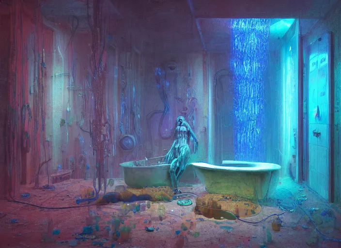 Prompt: A bathtub full of water, neon, RGB, glowing wires everywhere, decay, by Edgar Maxence and Ross Tran, Zdzisław Beksiński, and Michael Whelan, distant, gustav dore, H.R. Giger, 8k, octane render