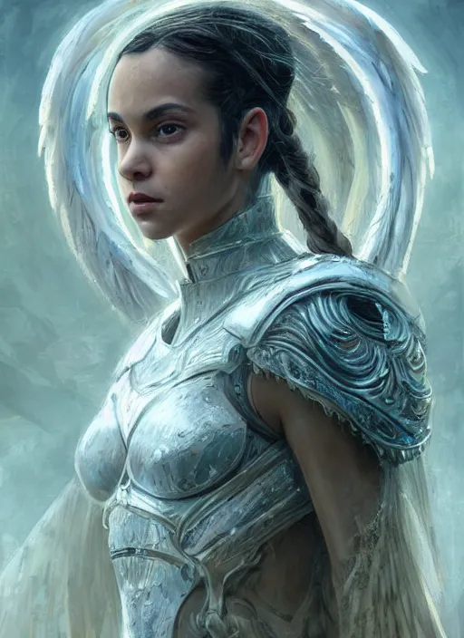 Image similar to a professional portrait of a beautiful young Serafim angel, clothed in ethereal battle armor, olive skin, long dark hair, beautiful bone structure, symmetrical facial features, intricate, elegant, digital painting, concept art, smooth, sharp focus, finely detailed, illustration, from Valerian and the City of a Thousand Planets, in the style of Ruan Jia and Mandy Jurgens and Artgerm and Greg Rutkowski and William-Adolphe Bouguerea