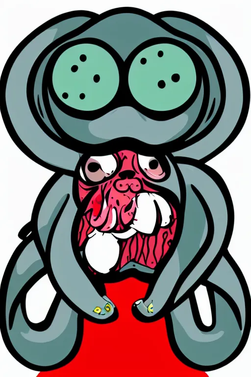 Image similar to Pug with tentacles, the devil, sticker, blood thirsty, spawn of Satan, burning in hell, blood, evil, colorful, illustration, highly detailed, simple, smooth and clean vector curves, no jagged lines, vector art, smooth