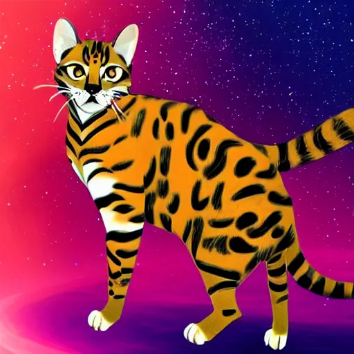 Image similar to a Bengal cat in the art style of no man's sky on a planet