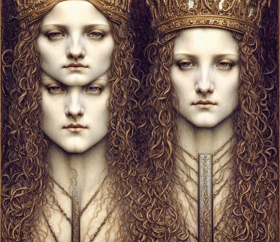 Image similar to detailed realistic beautiful young medieval queen face portrait by jean delville, gustave dore and marco mazzoni, art nouveau, symbolist, visionary, gothic, pre - raphaelite. horizontal symmetry