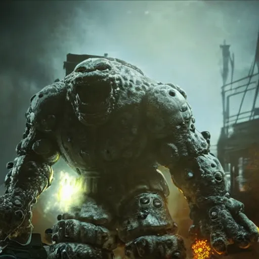 Image similar to evil large spongebob monster in gears of war, splash art, movie still, detailed face, photorealistic facial features, cinematic lighting, dramatic, octane render, long lens, shallow depth of field, bokeh, anamorphic lens flare, 8 k, hyper detailed, 3 5 mm film grain