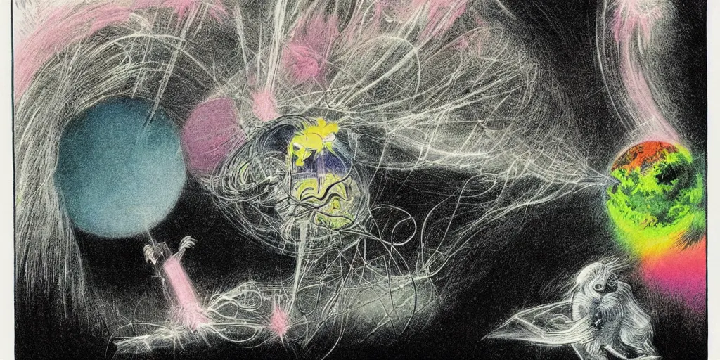 Image similar to dawn of creation; first atom; beings of light and darkness; ethereal plane. Bright neon colors. illustrated by maurice sendak and Stephen Gammell