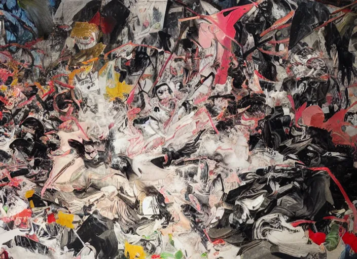 Prompt: unpunished crime, original concept by cecily brown, adrian ghenie and zeng fanzhi, intense atmosphere, very angry feeling, not very abstract