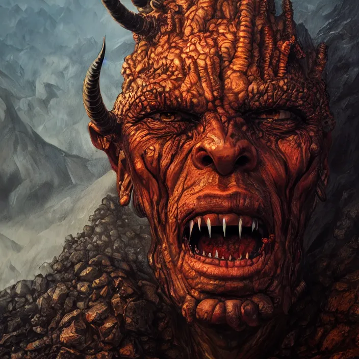 Image similar to close up portrait of a monster in the mountains of hell, oil painting by tomasz jedruszek, cinematic lighting, pen and ink, intricate line, hd, 4 k, million of likes, trending on artstation