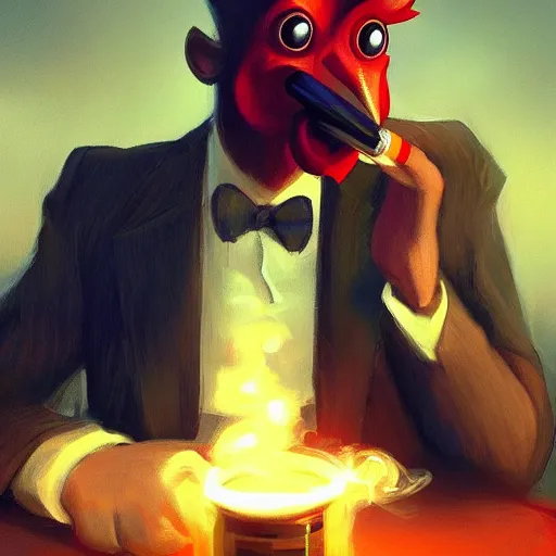 Image similar to a chicken wearing a suit smoking a cigar, dramatic lighting, cinematic, establishing shot, extremly high detail, photorealistic, cinematic lighting, artstation, style by James Gurney