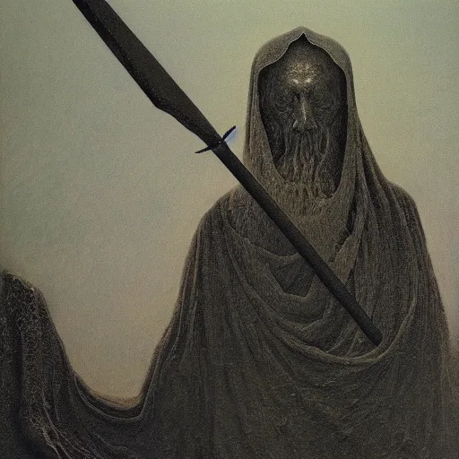 Prompt: swordsman by Zdzisław Beksiński, oil on canvas