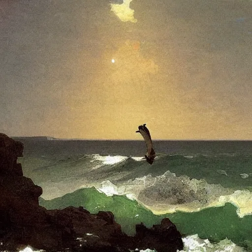 Image similar to huge bird with its feet standing in the ocean, painting by albert bierstadt and winslow homer, highly detailed