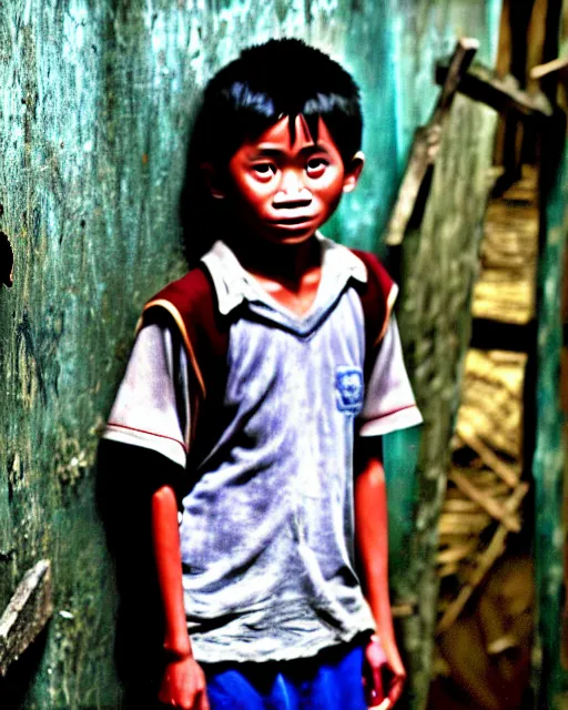 Prompt: high quality photo of harry potter as a poor filipino boy in the philippine slums, detailed photo