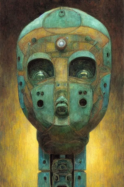 Prompt: the robot in her mechanical mask,by Annie Swynnerton and Diego Rivera, symbolist, dramatic lighting, elaborate geometric ornament, Art Brut, bioluminescent, soft blues and greens,smooth, sharp focus, extremely detailed, Adolf Wölfli