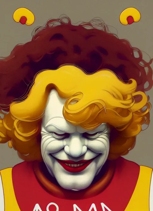 Image similar to close up portrait of ronald mcdonald, yellow jumper with white collar, fries and chicken nuggets swirling by artgerm, cushart krenz, greg rutkowski, mucha. art nouveau. gloomhaven, golden arches logo, pale colors, sharp edges. ultra clear detailed. 8 k. elegant, intricate, octane render