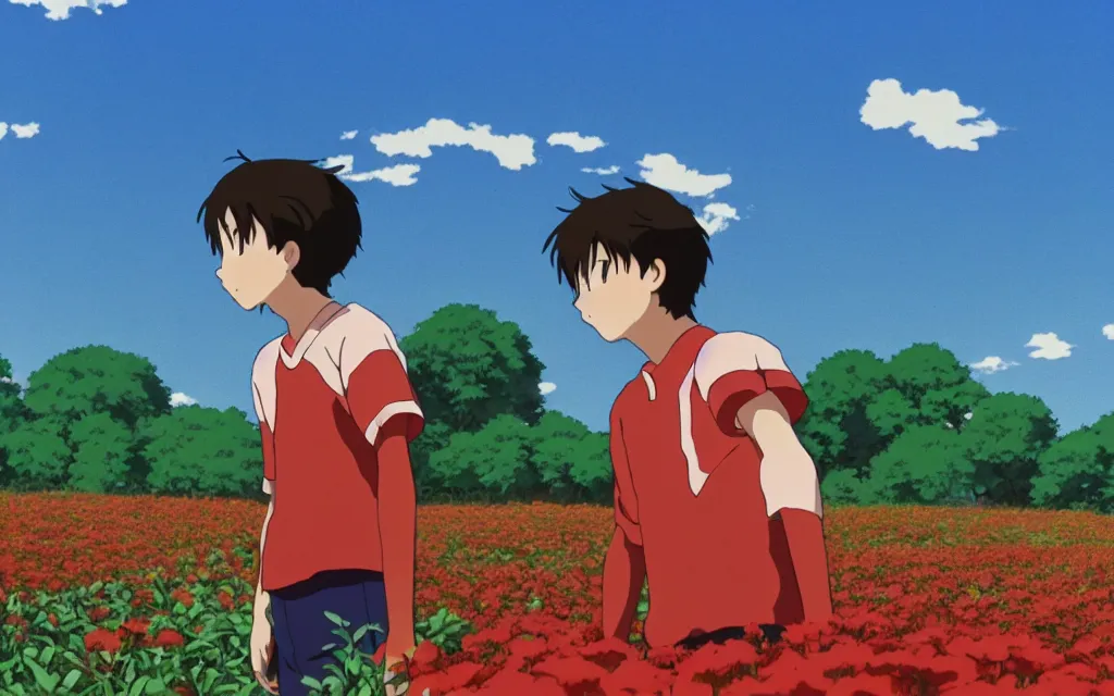 Image similar to a boy wearing a red sport jersey day dreaming on a field of flower, beautiful bright blue sky. 35mm film. makoto shinkai, studio ghibli.