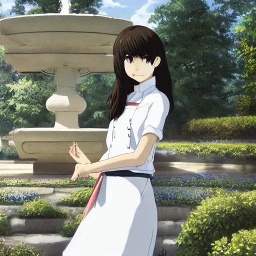 Prompt: a full body portrait of a young woman wearing a white apron standing in front of a fountain in a park, makoto shinkai, very detailed, by William-Adolphe