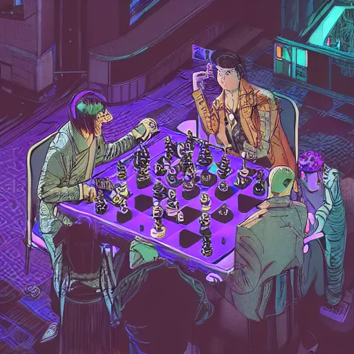 Image similar to high detailed people playing chess in a cyberpunk rainy city at night by josan gonzalez, eliran kantor, hand drawn, illustration, purple and blue neons, unreal engine, high quality, 4 k, uhd, trending on artstation, wires, blade runner vibes, ghost in the shell, akira, dorohedoro