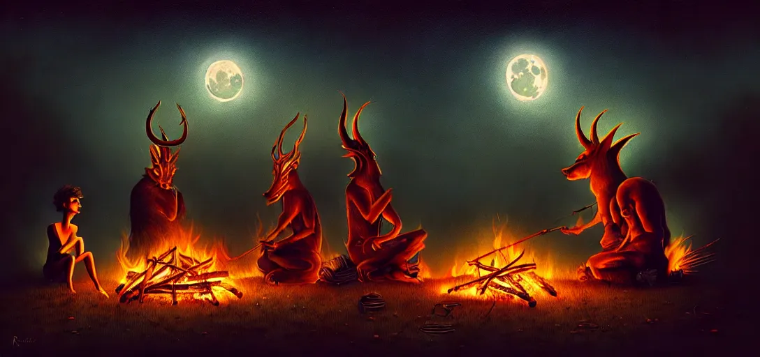 Image similar to strange mythical beasts of sitting around a fire under a full moon, surreal dark uncanny painting by ronny khalil