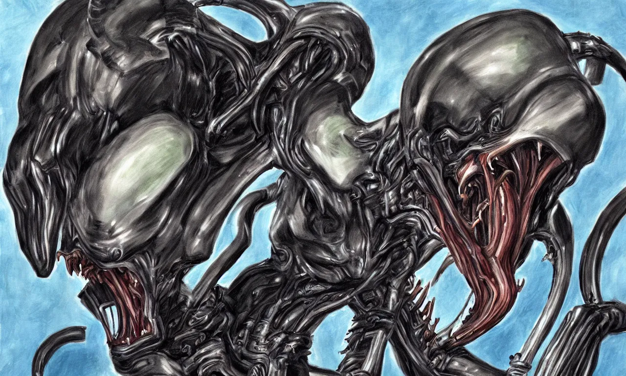 Image similar to a paiting of a xenomorph drawn by a kid