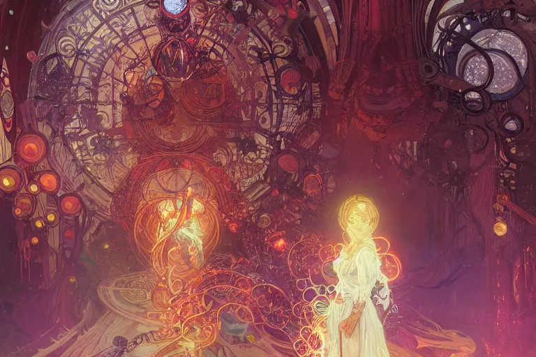 Prompt: she walks between arcs of purple flame intertwined with glowing sparks, glinting particles of ice, dramatic lighting, steampunk, bright neon, secret holographic cyphers, red flowers, solar flares, intricate art by alphonse mucha and greg rutkowski and ruan jia