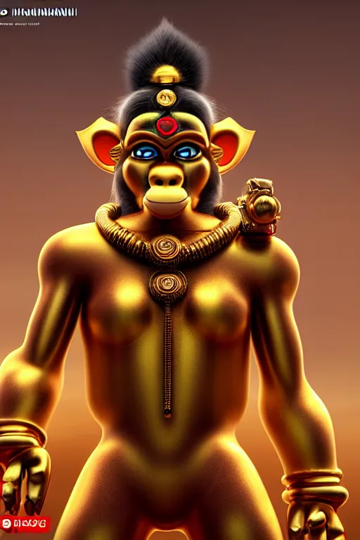 Image similar to high quality 3 d render cute cyborg hanuman! with gold nose piercings, highly detailed, cyberpunk mumbai in the background, unreal engine cinematic smooth, in the style of solaris & detective pikachu, hannah yata charlie immer, moody light, low angle, uhd 8 k, sharp focus