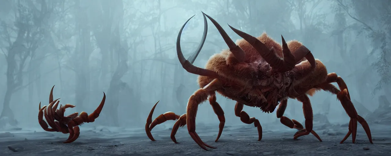 Image similar to creature design, a slender fast furry crab with oryx head and horns, oryx colored fur, cryptid, cinematic lighting, octane render, cinematic aura lighting, atmospheric, photorealistic, hyperdetailed 3 d matte painting, hyperrealism, hyperrealistic