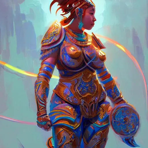 Prompt: curvy asian tribal armor girl, digital illustration by ruan jia on artstation, outlined by whirling illuminated neon lines and fine lines swirling in circles by jesper ejsing and rhads and makoto and shinkai and lois van baarle, digital art, trending on artstation - h 8 3 2