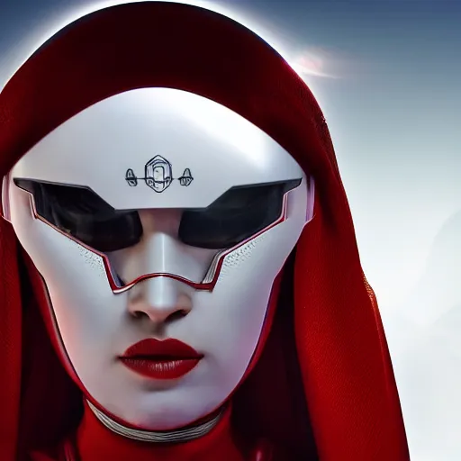 Image similar to headshot of an beautiful female soldier in futuristic intricate glossy sleek white armor with tiny red details and a long red cape, downward angle, determined expression, no helmet, on the surface of mars, night time, cinematic, sci-fi, hyperrealistic