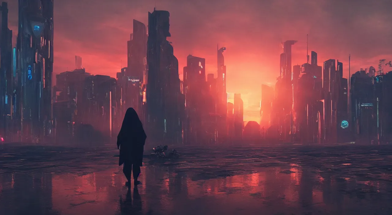 Image similar to a singular cloaked figure standing in the foreground of a cyberpunk landscape, synth, puddles, sunrise