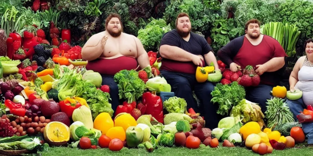 Prompt: huge fat people eating fruits and vegetables