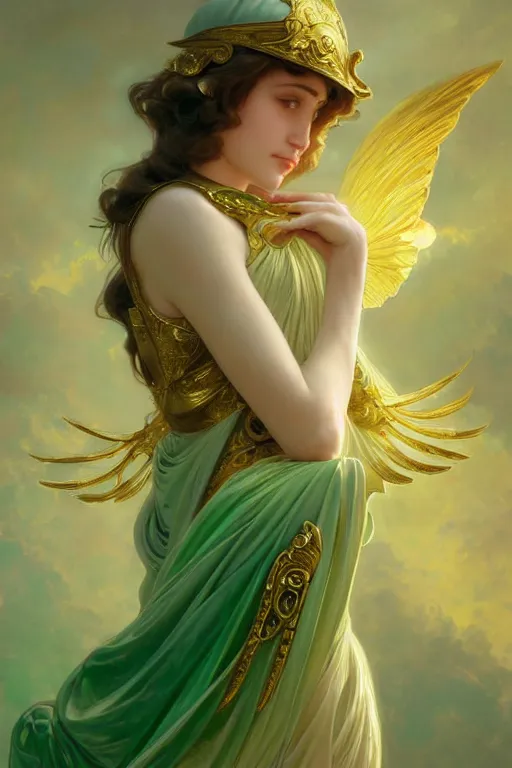 Prompt: portrait of athena , fantasy, gradient white green gold, dreamy and ethereal, green eyes, golden ratio, peaceful expression, ornate frilly dress, fantasy, intricate, elegant, golden clouds, highly detailed, digital painting, artstation, concept art, smooth,b sharp focus, illustration, art by artgerm and greg rutkowski and alphonse mucha