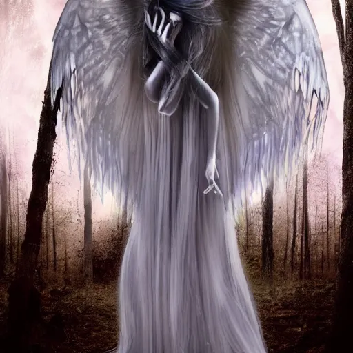 Image similar to ultrarealistic horrific, beautiful banshee with brightly shining wings and long white hair imprisoned in a very dark nearly lightless, sombre, horrific forest