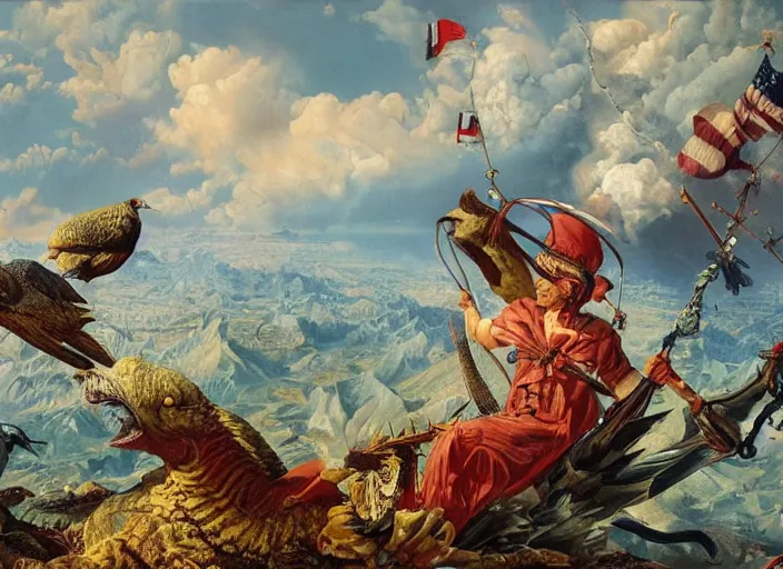 Prompt: a surreal painting of imperialism by Hans Zatzka, facebook, fascist, USA, 1984, aesthetically pleasing composition, masterpiece, 4k, 8k, ultra realistic, dramatic lighting, smooth, sharp focus, extremely detailed