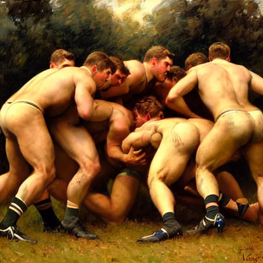 Prompt: handsome rugby players in a scrum painting by gaston bussiere, craig mullins, j. c. leyendecker, tom of finland