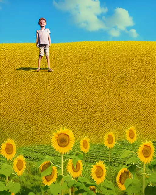 Image similar to boy standing on a hill looking down into the valley of sunflower fields, hills, cliffs, yellow sunflowers by beeple