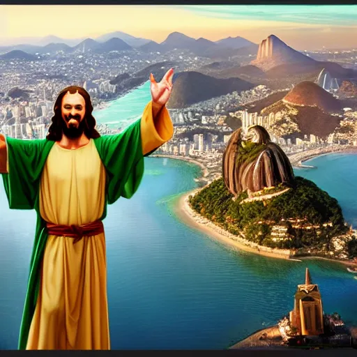 Image similar to buddy christ from dogma dressed as christ the redeemer pointing both fingers in at rio de janeiro, vied from above and behind, dynamic composition, dramatic lighting, trending on artstation, award winning art, stylized painting, ultrawide lens, aerial photography, rio de janeiro, 4 k, art by william bouguereau, alphonse mucha, greg rutkowski,