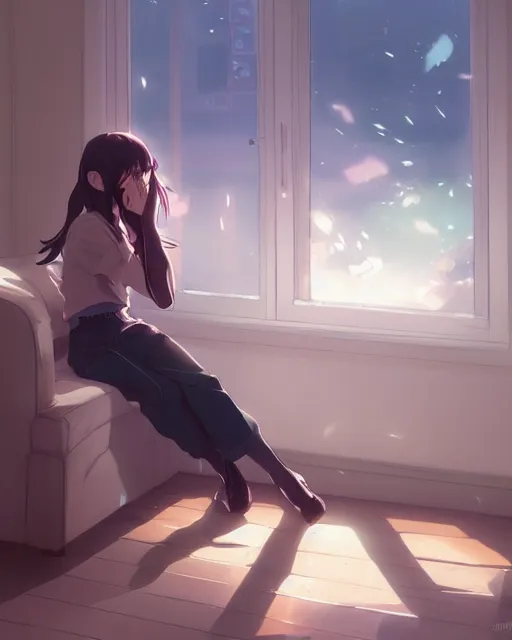 Image similar to a girl crying in the corner of the room, perfect shading, atmospheric lighting, by makoto shinkai, stanley artgerm lau, wlop, rossdraws