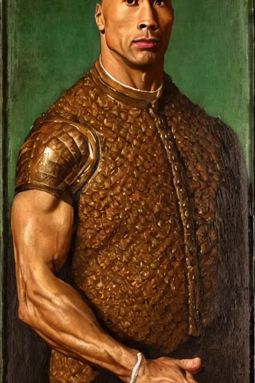 Image similar to dwayne the rock johnson, renaissance 1 6 0 0 portrait of dwyane the rock, oil painting by jan van eyck, northern renaissance art, oil on canvas, wet - on - wet technique, realistic, expressive emotions, intricate textures, illusionistic detail