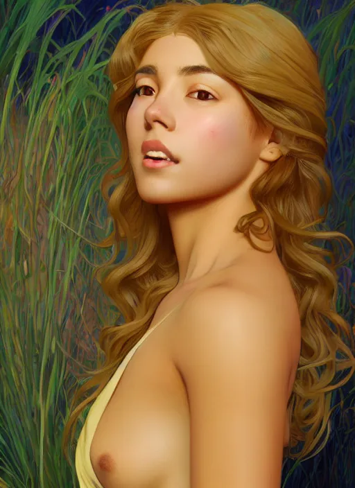 Prompt: sexy young latina woman with shoulder length shiny shimmering golden blond hair, path traced, highly detailed, high quality, digital painting, by studio ghibli and alphonse mucha, leesha hannigan, makoto shinkai, disney