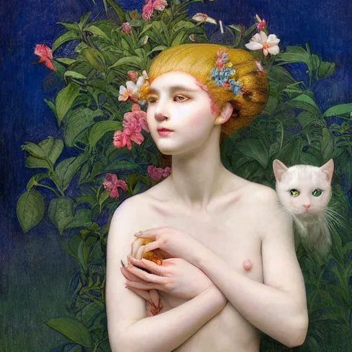 Image similar to white cat girl, botanical, portrait face, colorful, frantisek kupka, intricate, miles johnston, kuroda seiki, cynical realism, ozabu, john william godward, painterly, yoshitaka amano, moebius, miles johnston, louise zhang, james jean, mark ryden lowbrow pop surrealism art style