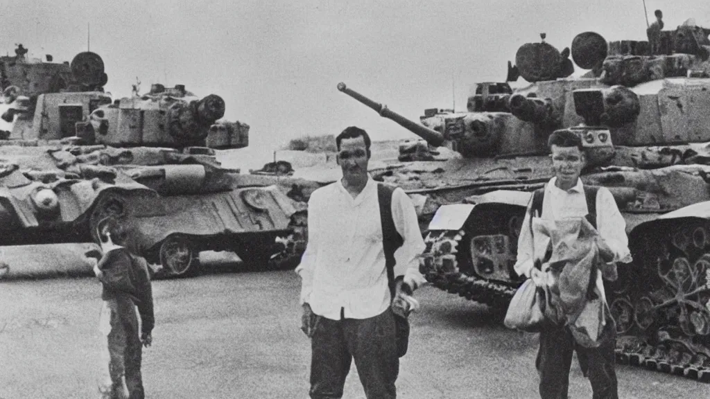 Image similar to old historic photograph of a person in white shirt, white holding grocery bags, standing on the road in front of four battle tanks approaching him