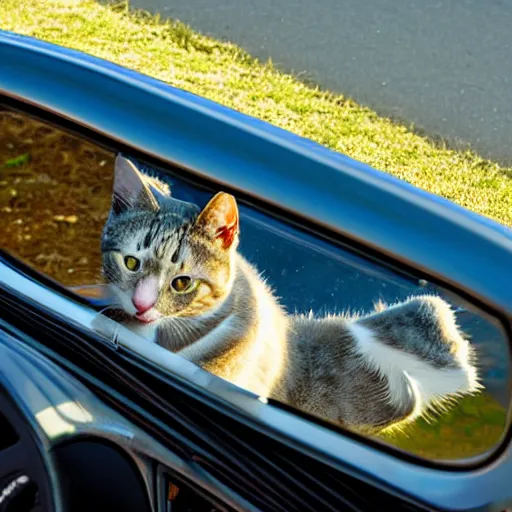 Image similar to cat behind the steering wheel of a cabriolet, seen from above, golden hour, front top side view, golden ratio, idyllic setting