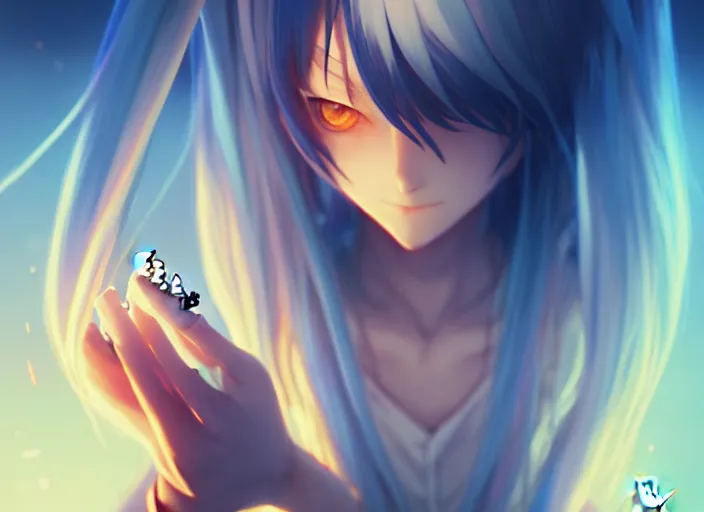 Image similar to rimuru playing chess, with amber eyes of gold color, straight hair, sky blue hair, long bangs, high collar, concept art, award winning photography, digital painting, cinematic, by wlop, anime key visual, wlop, 8 k, by ross tran, tom bagshaw, andy warhol