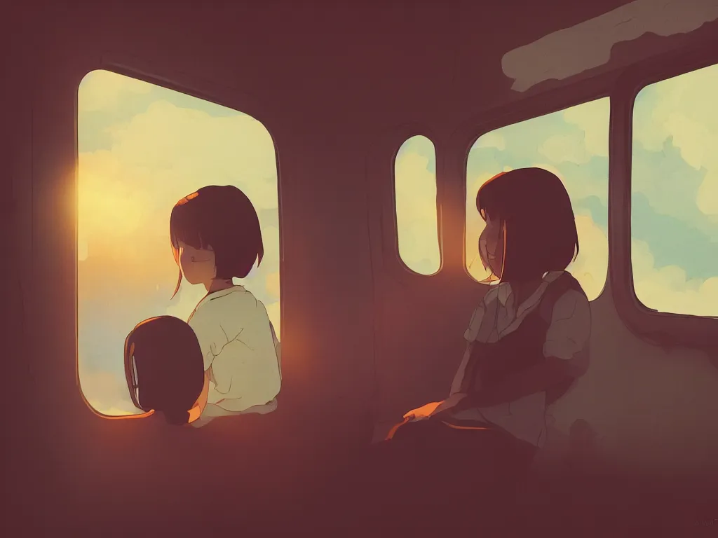 Prompt: lone girl waiting inside a 70s train, dreamy, stanley kubrick the shinning, vibrant colors americana, cinematic, volumetric lighting, god rays, sunset, side view, realistic, detailed, digital art, studio ghibli anime