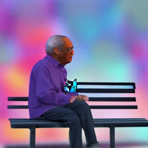 Image similar to 3 d photo of bill cosby with cat ears and long hair looking to her side, sitting on a bench with a park behind her, bokeh, shader, anime art style, highly detailed, cel - shaded, colorful, animated, trending