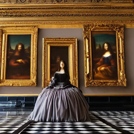 Prompt: shot from a distance, full room view, renaissance, rococo, manga, tonal, young lady, thin, dark hair, wearing flowing long dress, flowers, viewing the mona lisa painting inside the lourve