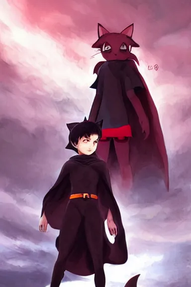 Image similar to little boy with cat ears in an black outfit with red cape. digital artwork made by lois van baarle and kentaro miura and marc simonetti, sharpness focus, inspired by hirohiko araki, anatomically correct, heroic composition, hero pose, smooth