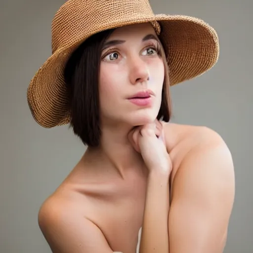 Image similar to portrait of 2 2 - year - old woman with angle looking away, happy women, brown hat, hair comes out of the hat a little
