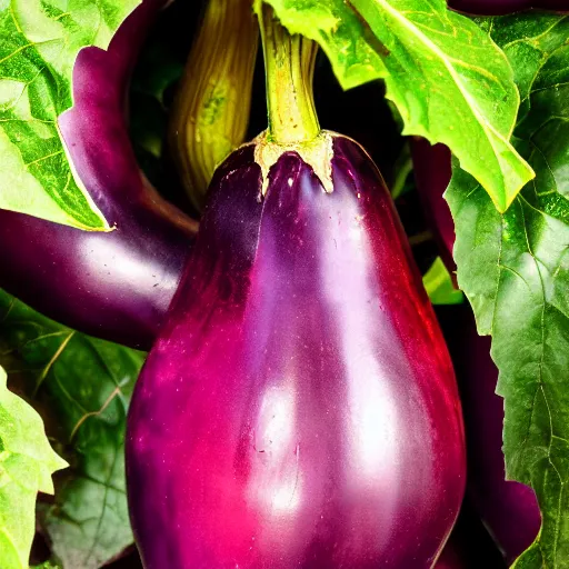 Prompt: a ornate detailed red and purple glowing eggplant, an eggplant fruit still on the vine