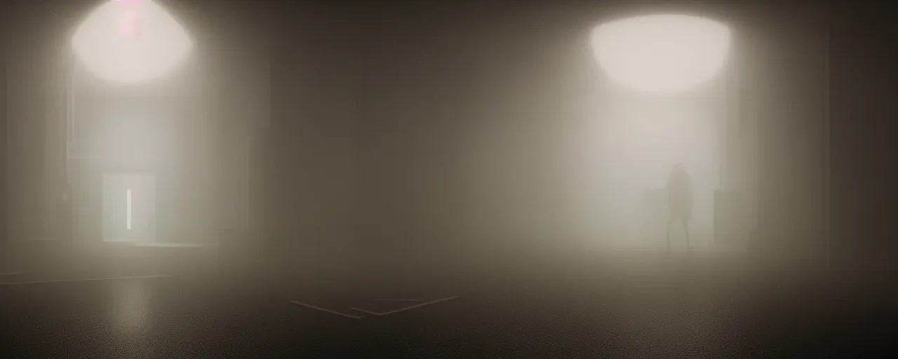 Image similar to An empty liminal space, foggy, neon light, empty room, infinite, moody lighting, scary creatures behind the fog, cinematic, octane render